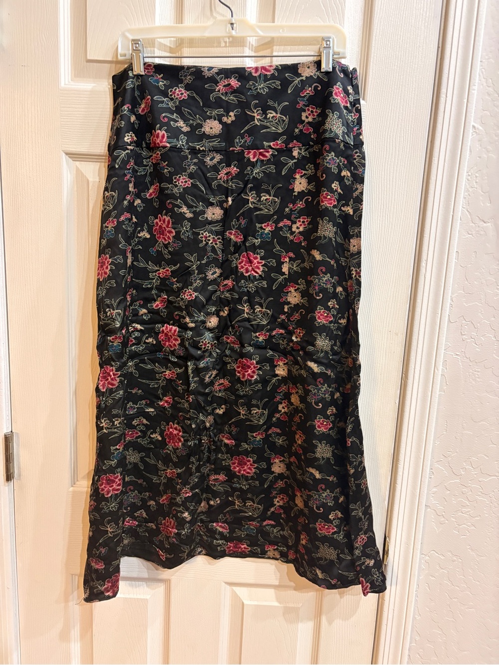 Black Floral Midi Silk Skirt with Pink Accents